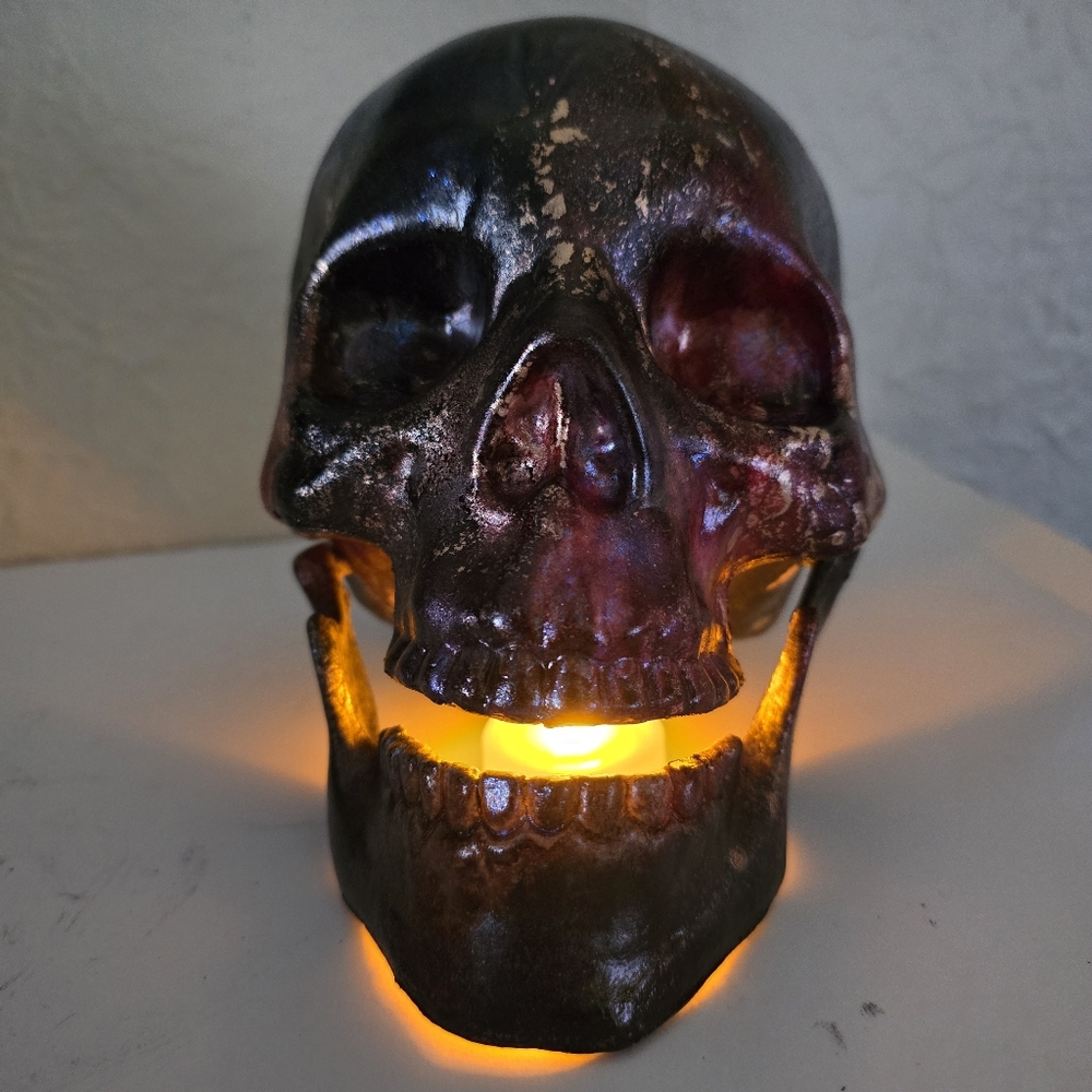 HANDCRAFTED Upcycled Plastic Skull Head HANDPAINTED Tabletop Art Decor Halloween - Picture 3 of 17